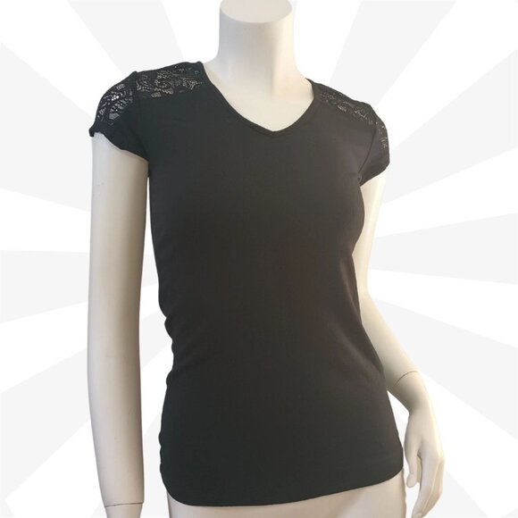 Ambiance Black Lace Cap Sleeves V Neck Cut Out Back Pullover Knit Top Size S - Picture 1 of 8